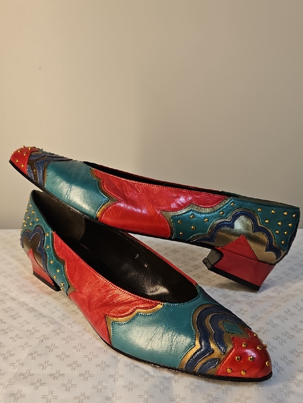 Vintage Margaret Jerrold Red and Teal Leather Low Block Heel Pumps